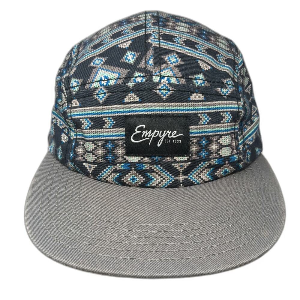 Empyre 5 Panel Blue Gray One Size Geometric Pattern Hat Cotton Slideback Woven